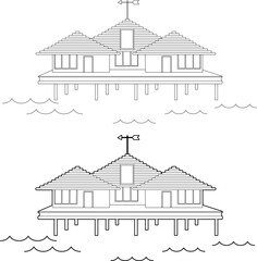 Bungalow on wooden stilts. Tropical bungalows on the water. A place for secluded relaxation. Line vector illustration.