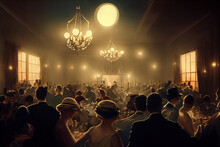 Digital Concept Art Of A Lavish Luxury Party In The 1920's. Art Deco Interior Of A Mansion In A Gleaming Over The Top Celebration. Cinematic Retro Banquet With Silhouettes Of Guests In A Cinematic Art