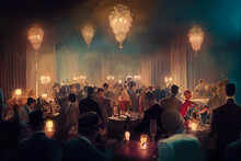 Fantasy Concept Art Of A Luxury Retro Party In A 1920's Style Mansion. Cinematic Vintage Scene Of Chandeliers, Reflective Floors, Illuminated Interior With Silhouettes Of People In A Luxurious Feast.