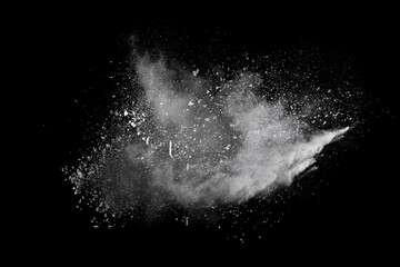 Wall Mural - White powder explosion on black background. Colored cloud. Colorful dust explode. Paint Holi.