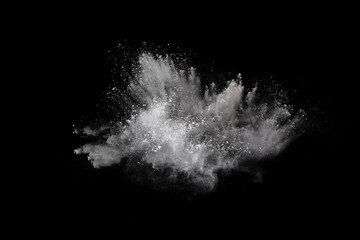 Wall Mural - White powder explosion on black background. Colored cloud. Colorful dust explode. Paint Holi.