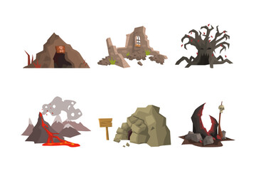 Wall Mural - Spooky Landscape Elements with Scary Cave, Volcano with Lava, Dry Bare Tree, Ruins and Rock Vector Set