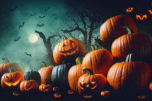 Scary Forest With Halloween Pumpkins. Bats, Moon And Trees. Creepy Orange Pumpkins.

