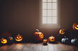 canvas print picture - Spooky pumpkin lights next to window, Halloween pumpkins on floor.
