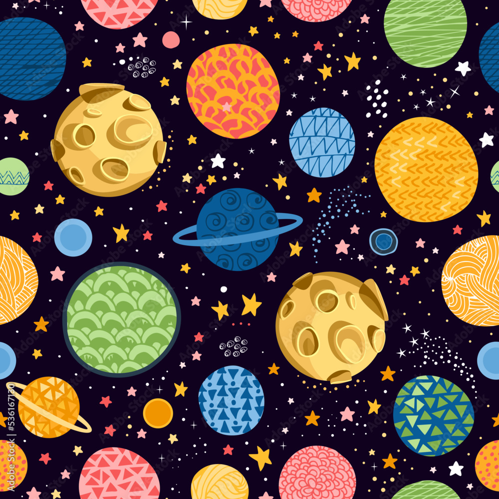 Seamless space pattern with colorful planets and stars. Hand drawn ...