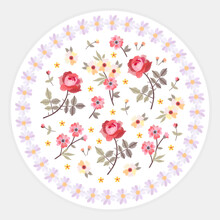 Decorative Round Plate With Embroidery Flowers. Interesting Composition With Embroidered Floral Ornament.