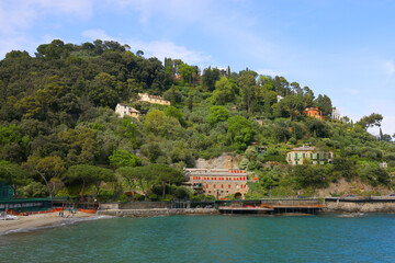 Poster - Beautiful natural view of the Mediterranean sea coast near the luxury sea resort Portofino, Metropolitan City of Genoa, Italy, Europe