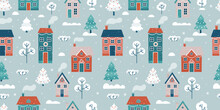 Seamless Pattern With Winter Landscape And Houses. Seamless Background For Christmas And Winter Holidays.