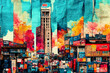 cityscapes and landscapes, painted on dyed burlap: bombay street scene