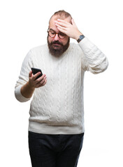 Poster - Young caucasian hipster man texting sending message using smartphone over isolated background stressed with hand on head, shocked with shame and surprise face, angry and frustrated. Fear and upset