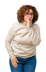 Poster - Beautiful middle ager senior woman wearing turtleneck sweater and glasses over isolated background hand on mouth telling secret rumor, whispering malicious talk conversation