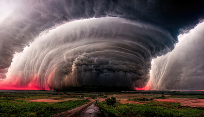 Wall Mural - Dramatic empty landscape with dark clouds, storm, thunderstorm. Tornado warning, heavy rain. 3D illustration.