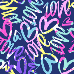 Aufkleber - Abstract seamless chaotic pattern with words 'love' and hearts. Grunge colorful background. Wallpaper for girls. 