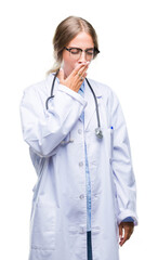 Sticker - Beautiful young blonde doctor woman wearing medical uniform over isolated background bored yawning tired covering mouth with hand. Restless and sleepiness.