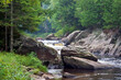 © Stephen Orsillo - Misty  river waterfall flowing through large boulders in upstate new york, adirondack region, surrounded by large trees and dense forest.