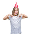 © Krakenimages.com - Young beautiful girl wearing birthday cap over isolated background looking confident with smile on face, pointing oneself with fingers proud and happy.