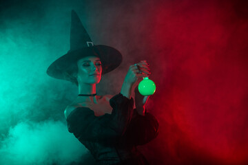 Wall Mural - Photo of creepy warlock lady doing ritual make toxic potion flask isolated on bright gradient color background