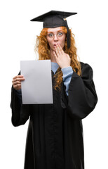 Sticker - Young redhead woman wearing graduate uniform holding degree cover mouth with hand shocked with shame for mistake, expression of fear, scared in silence, secret concept