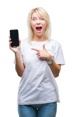 Poster - Young beautiful blonde woman showing screen of smartphone over isolated background very happy pointing with hand and finger