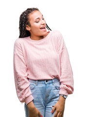 Sticker - Young braided hair african american girl wearing sweater over isolated background looking away to side with smile on face, natural expression. Laughing confident.