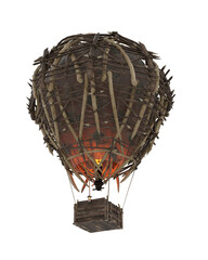 Poster - Fantasy medieval hot air balloon made of wood, animal skin and bone, seen from below. 3D illustration isolated.