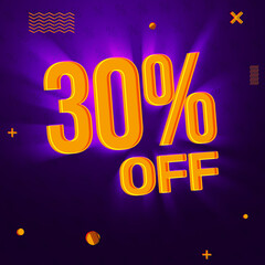Wall Mural - Thirty percent off offer design background with glowing typography number. Modern marketing backdrop wallpaper
