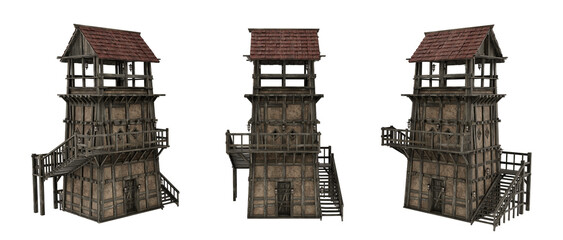 Poster - Medieval tower building with timber and stone construction. 3D illustration with 3 different angles isolated.