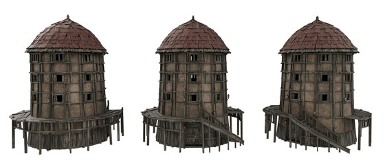 Poster - Rounded medieval tower building with wooden frame and steps. 3D rendering from 3 angles.