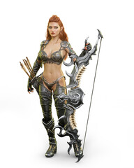 Poster - Beautiful redhead elf girl archer standing with ornate metallic elven bow. 3D illustration isolated.