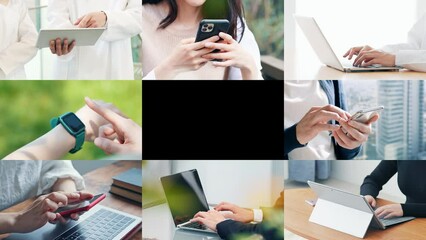 Aufkleber - 様々なモバイルデバイスを使う人々　黒バックからのトランジション　タイトル　テンプレート