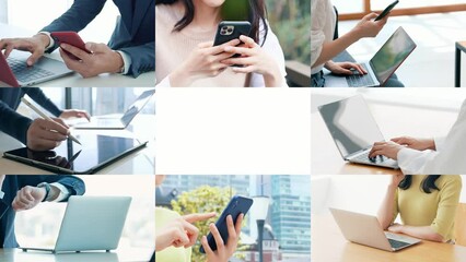Poster - A collage of various mobile device usage scenes. Transition from a white background. Title template.