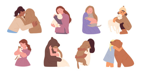 Wall Mural - people are hugging the animals warmly. flat design style vector illustration.