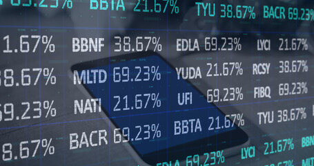 Poster - Image of stock market data processing against close up of a digital tablet