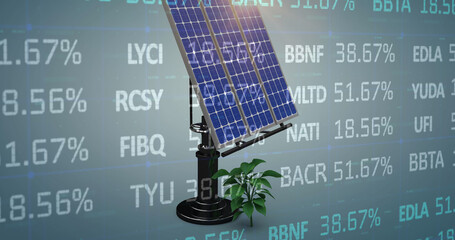 Poster - Image of stock market data processing over solar panel and plant sampling on blue background