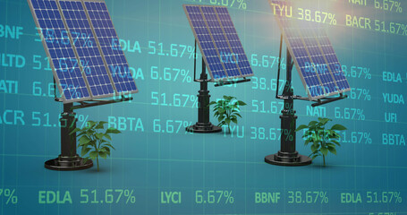 Canvas Print - Image of stock market data processing over three solar panels and plant sampling