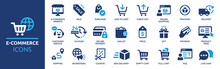 E-commerce Icon Set. Online Shopping And Delivery Elements. E-business Symbol. Solid Icons Vector Collection.