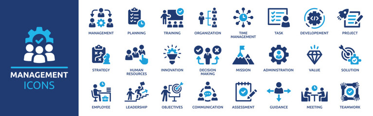 business or organisation management icon set. containing manager, teamwork, strategy, marketing, bus