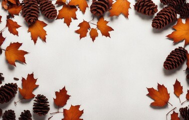 Wall Mural - autumn leaves border,Fall foliage and pine cones,copyspace