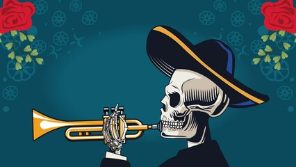 Poster - dia de los muertos animation with mariachi skull