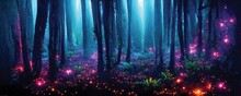 Fantasy Night Forest, Pink Fireflies, Fairytale Background Or Wallpaper