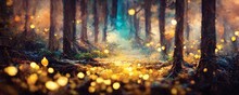 Magical Fairy Tale Forest, Yellow Fireflies, Digital Art, Ai Artwork, Background Or Wallpaper