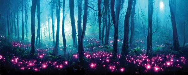 Canvas Print - Fantasy illustration of magical fairy tale forest with pink fireflies