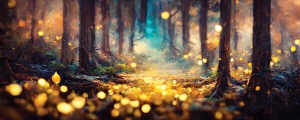 Wall Mural - magical fairy tale forest, yellow fireflies, digital art, ai artwork, background or wallpaper