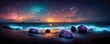 canvas print picture - Fantasy night seascape, glowing marine life, starry sky, digital art
