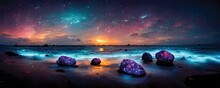 Fantasy Night Seascape, Glowing Marine Life, Starry Sky, Digital Art