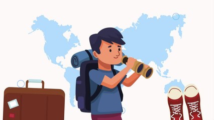 Wall Mural - male traveler with binoculars animation