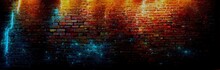 Background With Grunge Brick Wall With Blue Neon Light, Generative AI