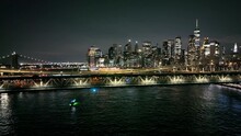Aerial Following Cars Manhattan Bridge Night New York City