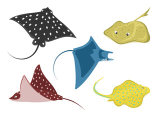 Wall Mural - cute stingray cartoon characters vector illustrations set. comic sea creatures, underwater animals, 