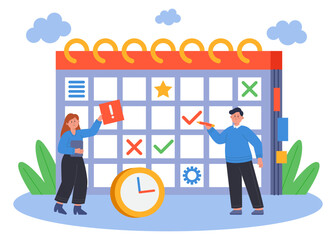 Fototapete - Office workers with huge calendar planning schedule for month. Business persons using online service for work flat vector illustration. Time management, entrepreneurship, education concept for banner